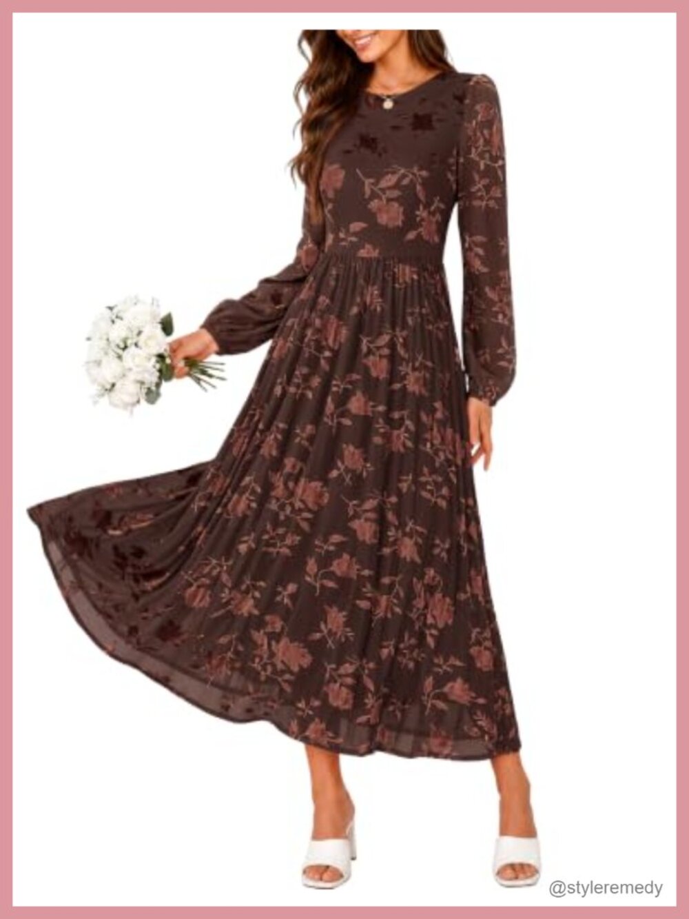 ZESICA Women's Floral Long Sleeve Midi Dress A-Line Fall Wedding Guest